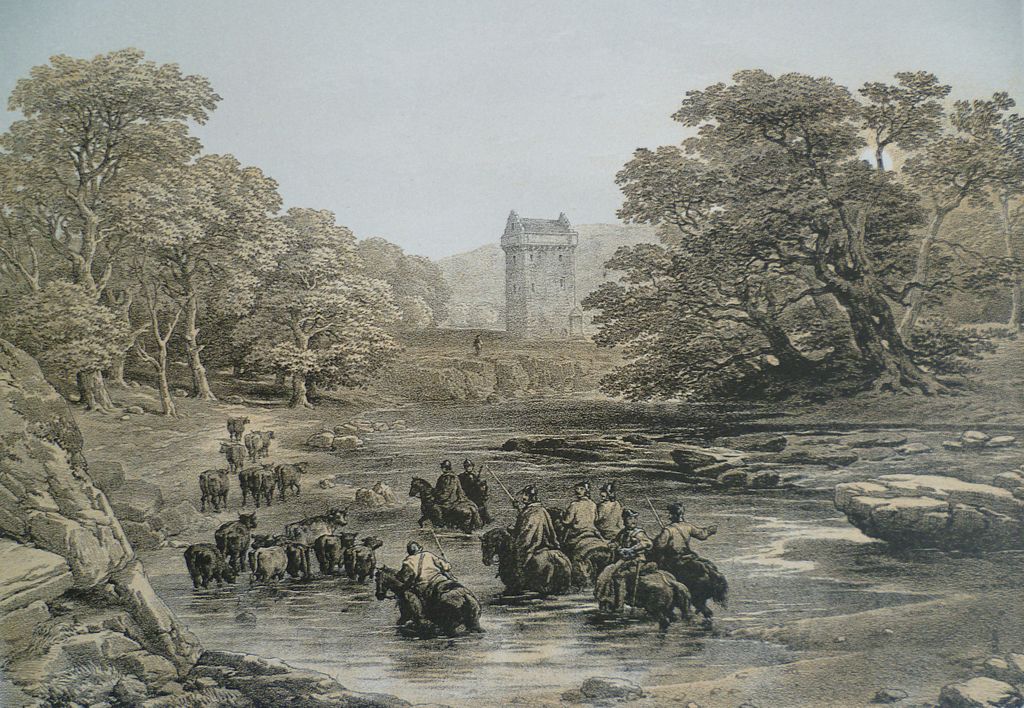 Border Reivers at Gilnockie Tower, from an original drawing by G. Cattermole